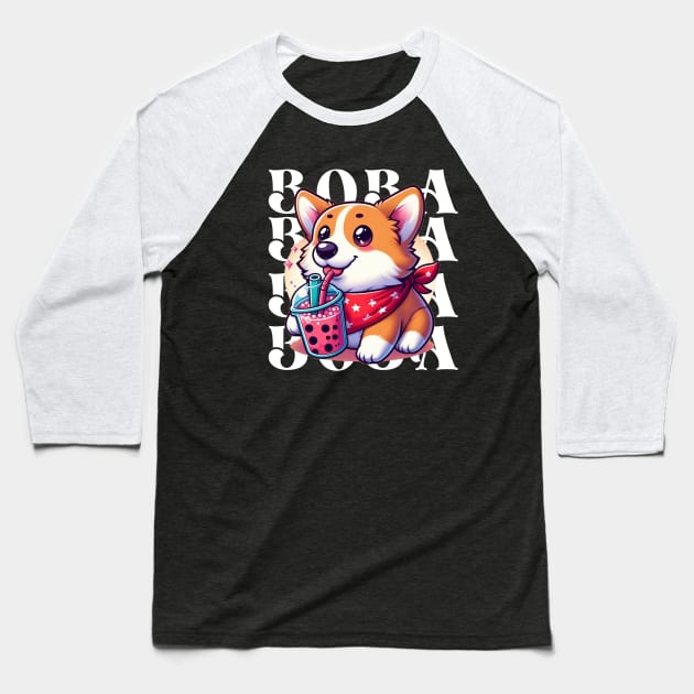 Cute Corgi Drinking Boba T-Shirt: Adorable Dog Tee for Boba Tea Lovers Baseball T-Shirt by dindastylees